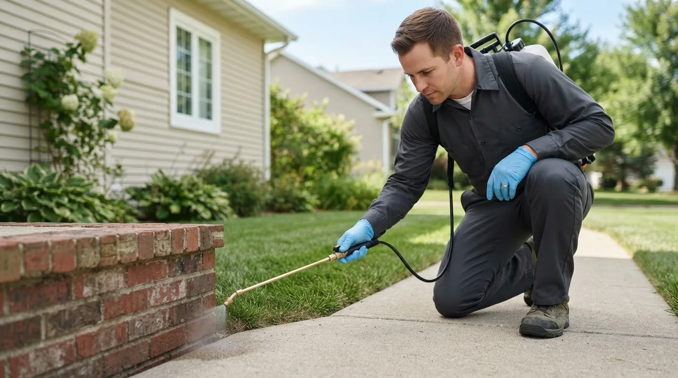 Pest control technician treating a home near Mylo, ND